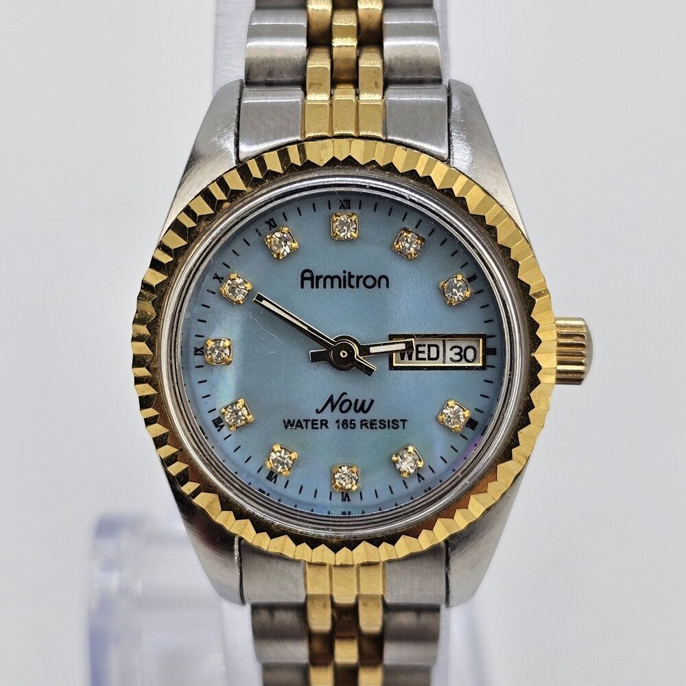 Armitron Women's Watch 24MM Blue Dial Day Date Two Tone Band 6.5" New Battery - Picture 2 of 12